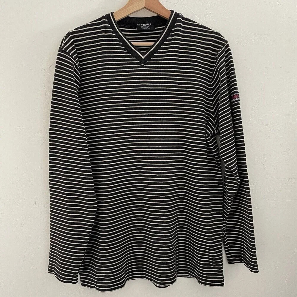 Vintage Polo Jeans Co Ralph Lauren Stripped V-neck Shirt M Long Sleeve Navy Blue